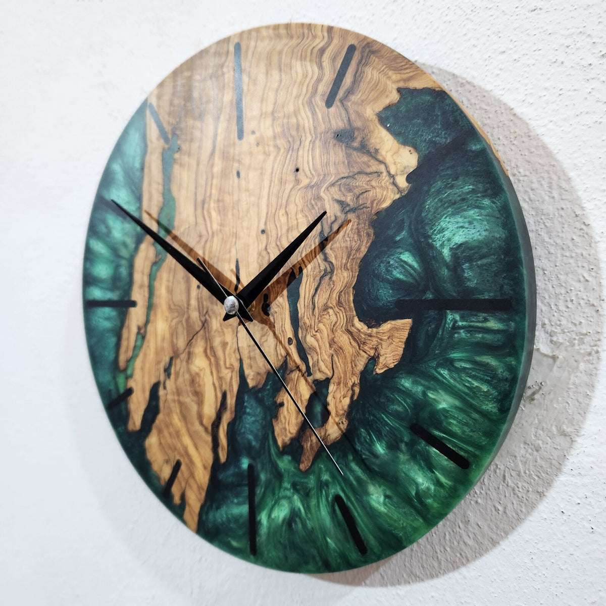 Green Resin Olive Wood Wall Clock, Custom Handmade Epoxy Live Edge Rustic Home Decor
