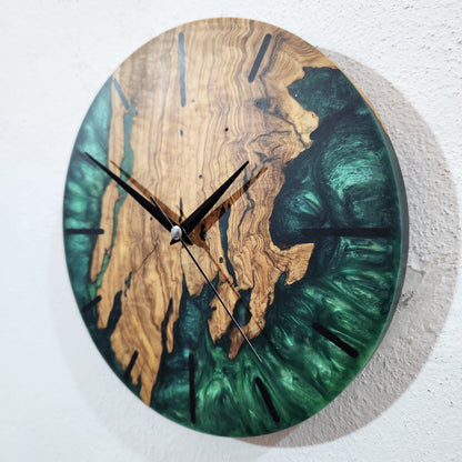 Green Resin Olive Wood Wall Clock, Custom Handmade Epoxy Live Edge Rustic Home Decor