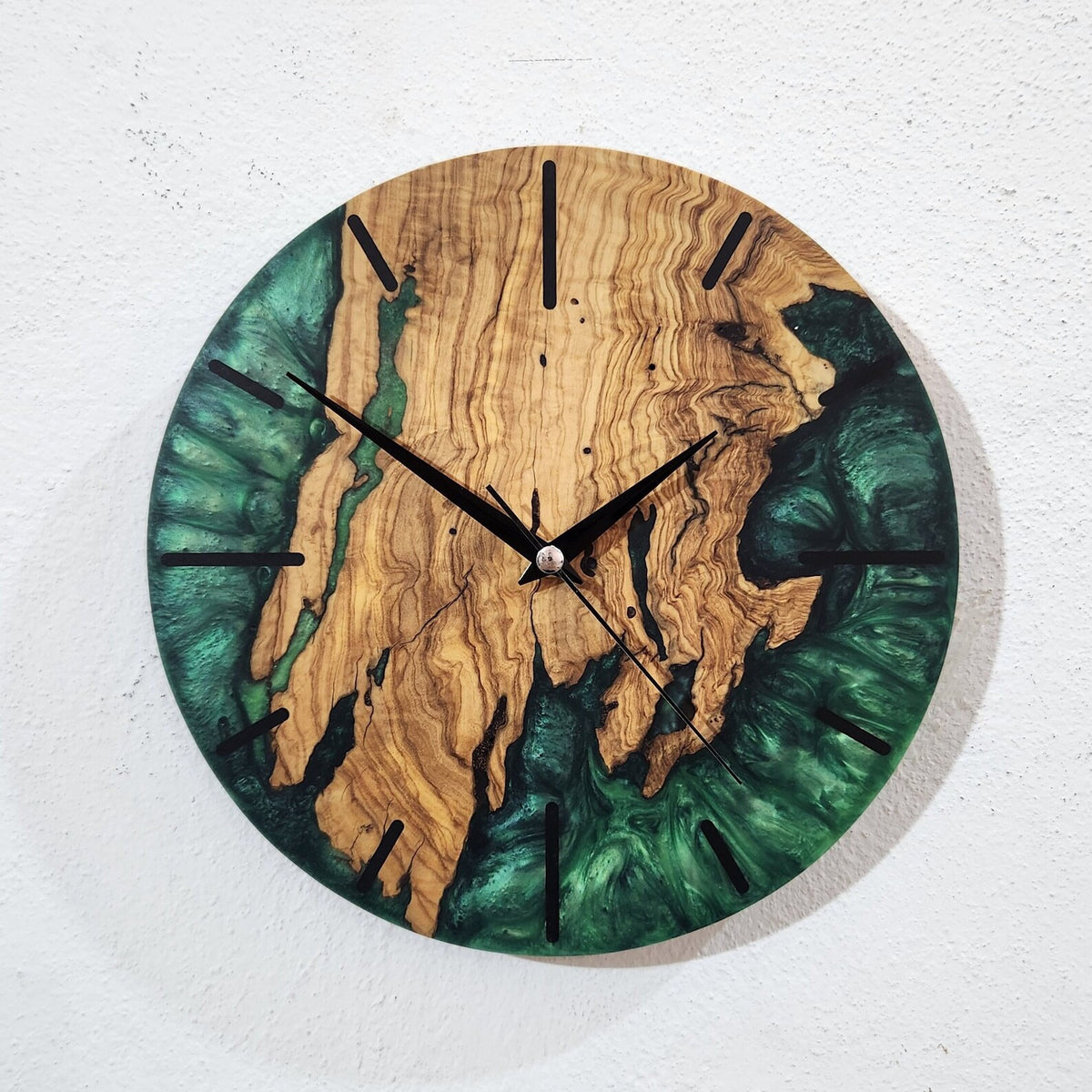 Green Resin Olive Wood Wall Clock, Custom Handmade Epoxy Live Edge Rustic Home Decor