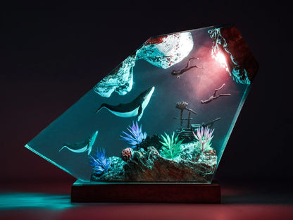 Whale Shark Resin Night Light, Diver Ocean Lamp, Underwater Marine Life Decor, Resin Art