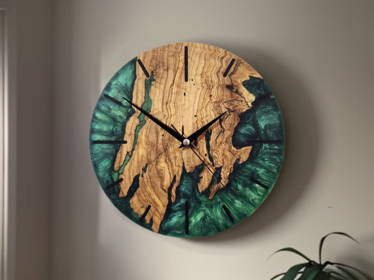 Green Resin Olive Wood Wall Clock, Custom Handmade Epoxy Live Edge Rustic Home Decor