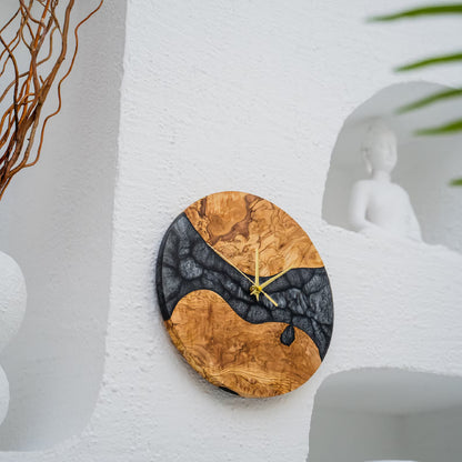 Handmade Epoxy Olive Wood Wall Clock, Unique Resin Art Large Rustic Home Decor