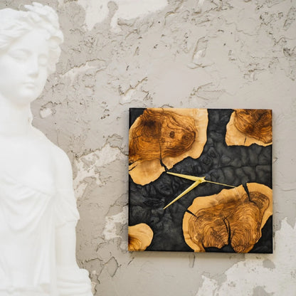 Epoxy Resin Olive Wood Wall Clock, Modern Square Handmade Clock, Rustic Contemporary Home Decor