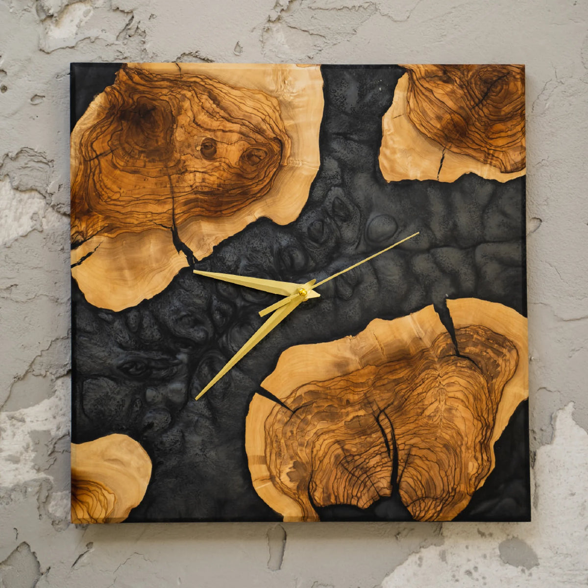 Epoxy Resin Olive Wood Wall Clock, Modern Square Handmade Clock, Rustic Contemporary Home Decor