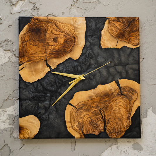 Epoxy Resin Olive Wood Wall Clock, Modern Square Handmade Clock, Rustic Contemporary Home Decor