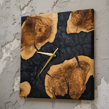 Epoxy Resin Olive Wood Wall Clock, Modern Square Handmade Clock, Rustic Contemporary Home Decor