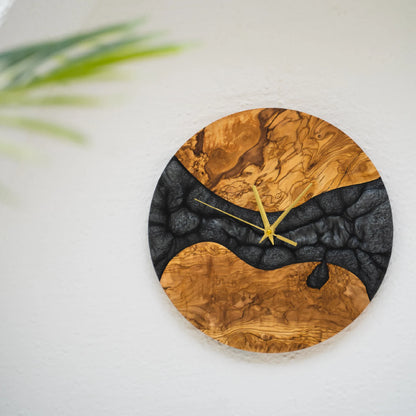 Epoxy Resin Olive Wood Wall Clock, Modern Square Handmade Clock, Rustic Contemporary Home Decor