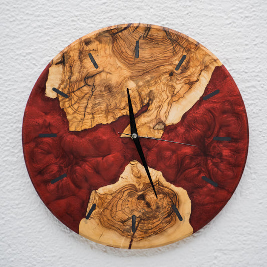 Handmade Epoxy Olive Wood Wall Clock, Unique Resin Art, Large Oversized Live Edge Rustic Decor
