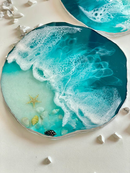 Sea Resin Coasters with Natural Seashells, Handmade Ocean Decor, Coastal Home Accent, Beach Style