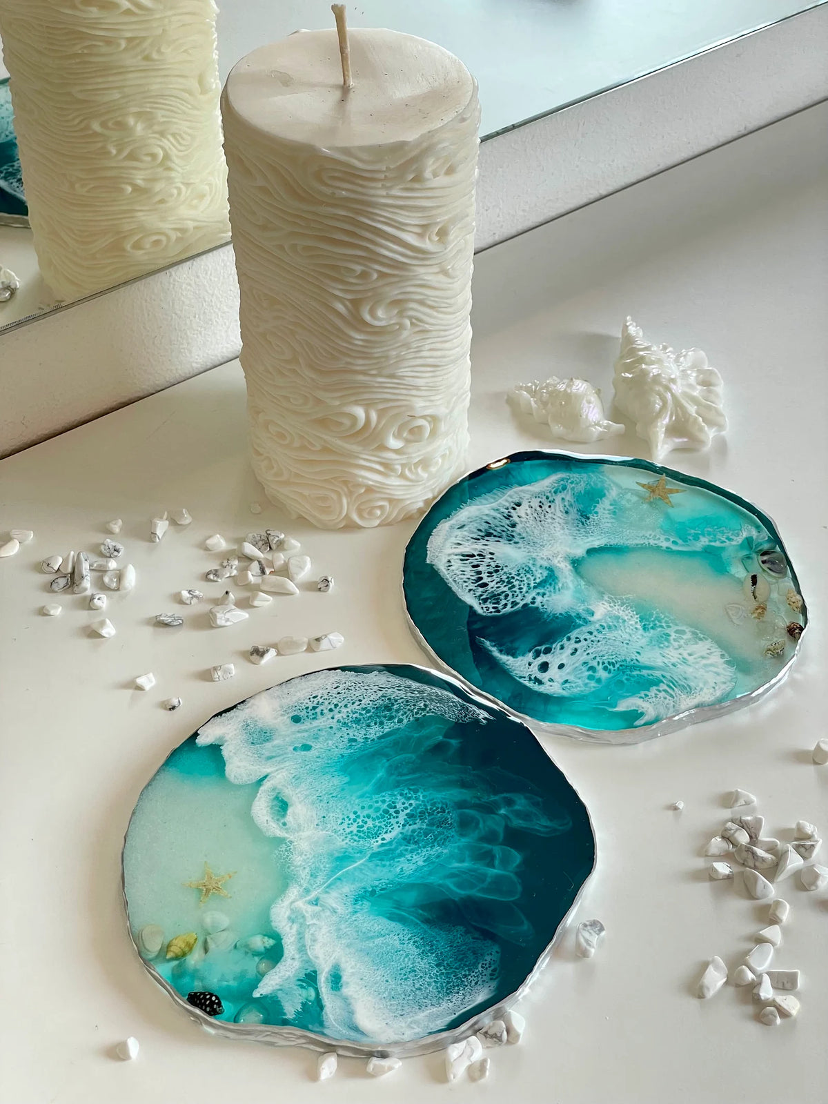 Sea Resin Coasters with Natural Seashells, Handmade Ocean Decor, Coastal Home Accent, Beach Style