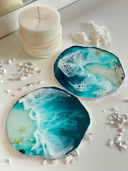 Sea Resin Coasters with Natural Seashells, Handmade Ocean Decor, Coastal Home Accent, Beach Style