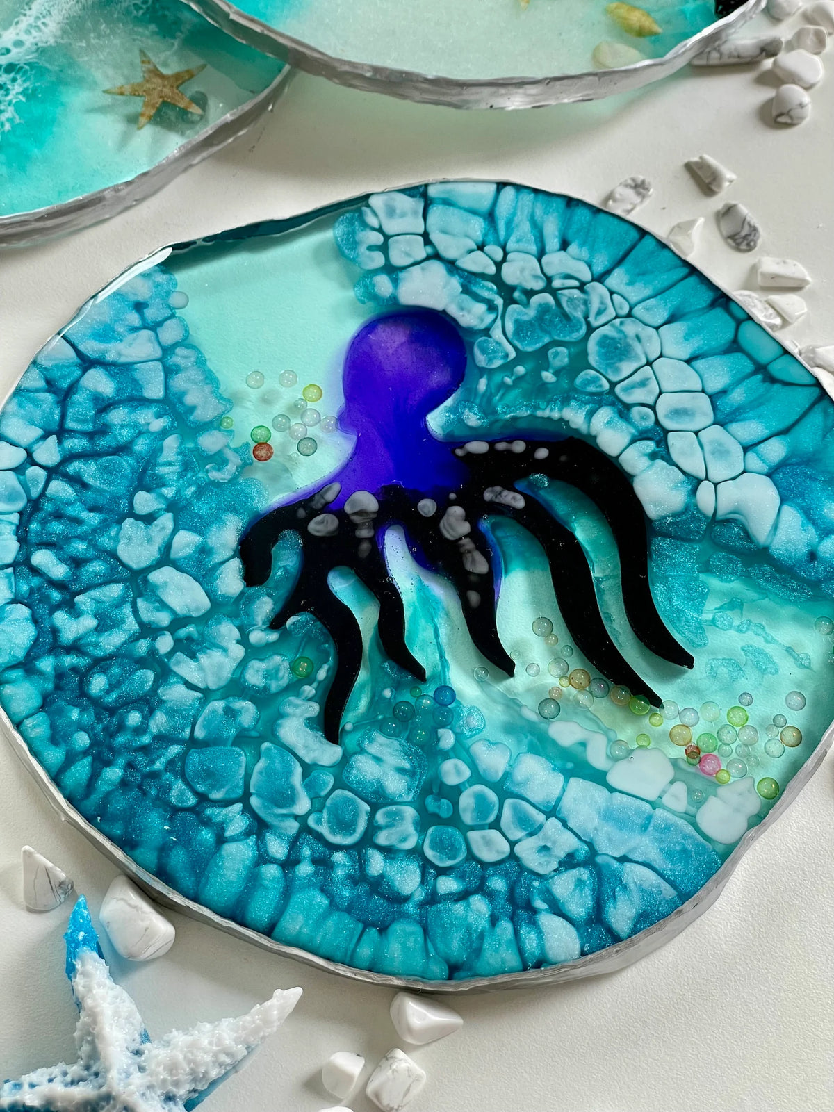 Sea Resin Coasters with Natural Seashells, Handmade Ocean Decor, Coastal Home Accent, Beach Style