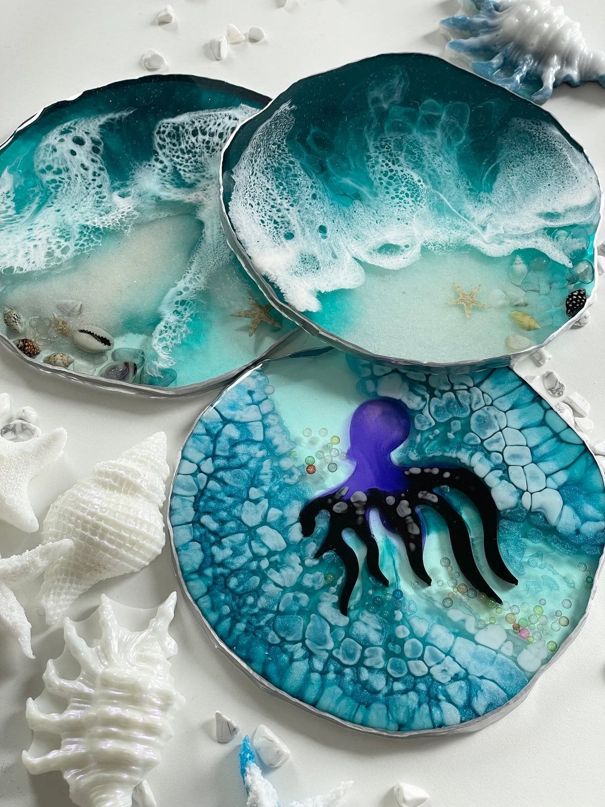 Sea Resin Coasters with Natural Seashells, Handmade Ocean Decor, Coastal Home Accent, Beach Style