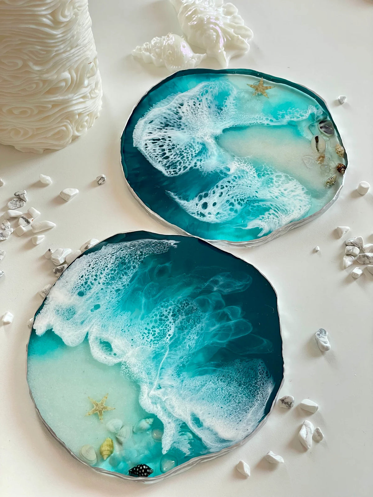 Sea Resin Coasters with Natural Seashells, Handmade Ocean Decor, Coastal Home Accent, Beach Style