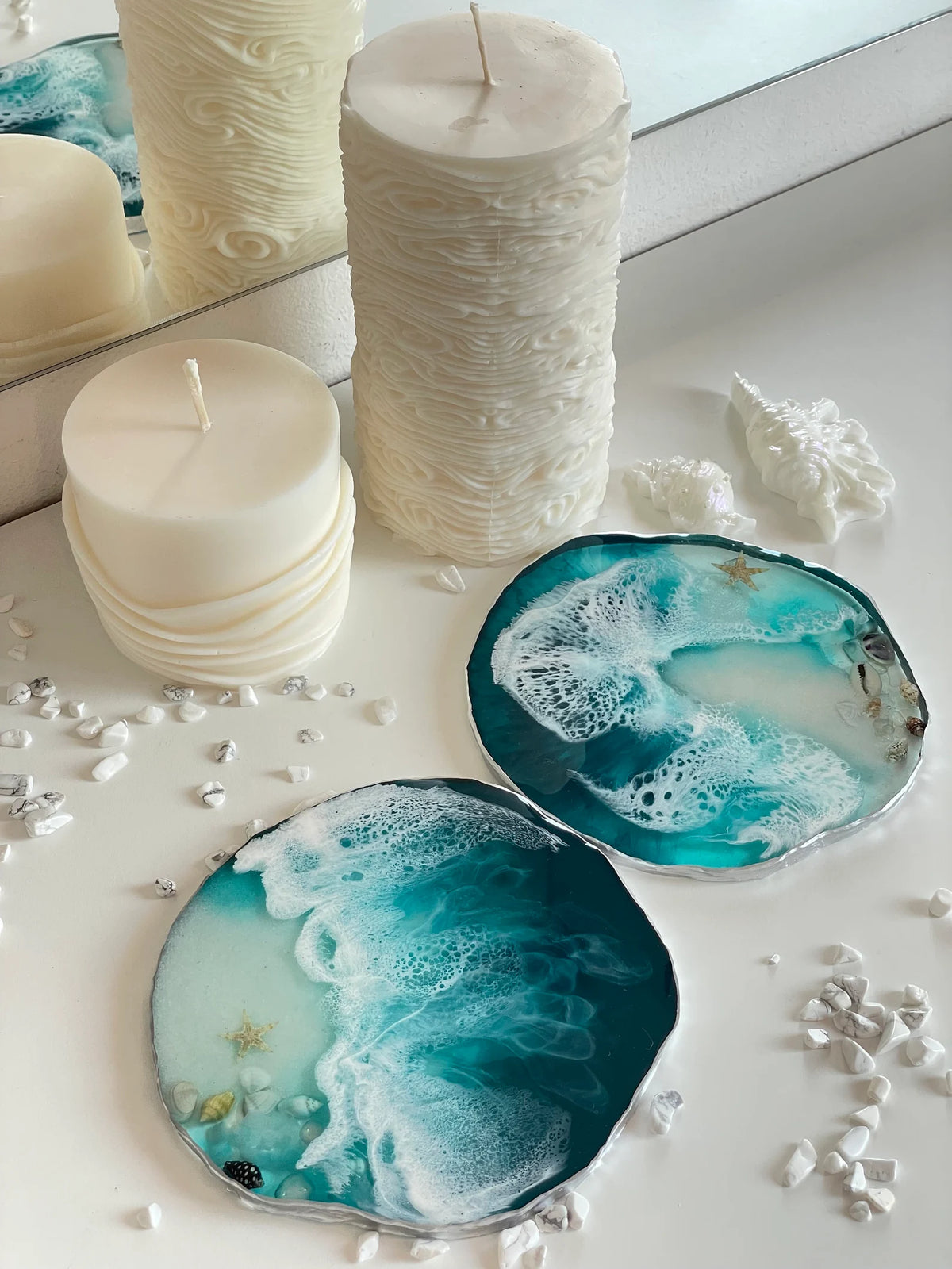 Sea Resin Coasters with Natural Seashells, Handmade Ocean Decor, Coastal Home Accent, Beach Style