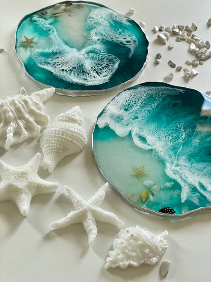 Sea Resin Coasters with Natural Seashells, Handmade Ocean Decor, Coastal Home Accent, Beach Style