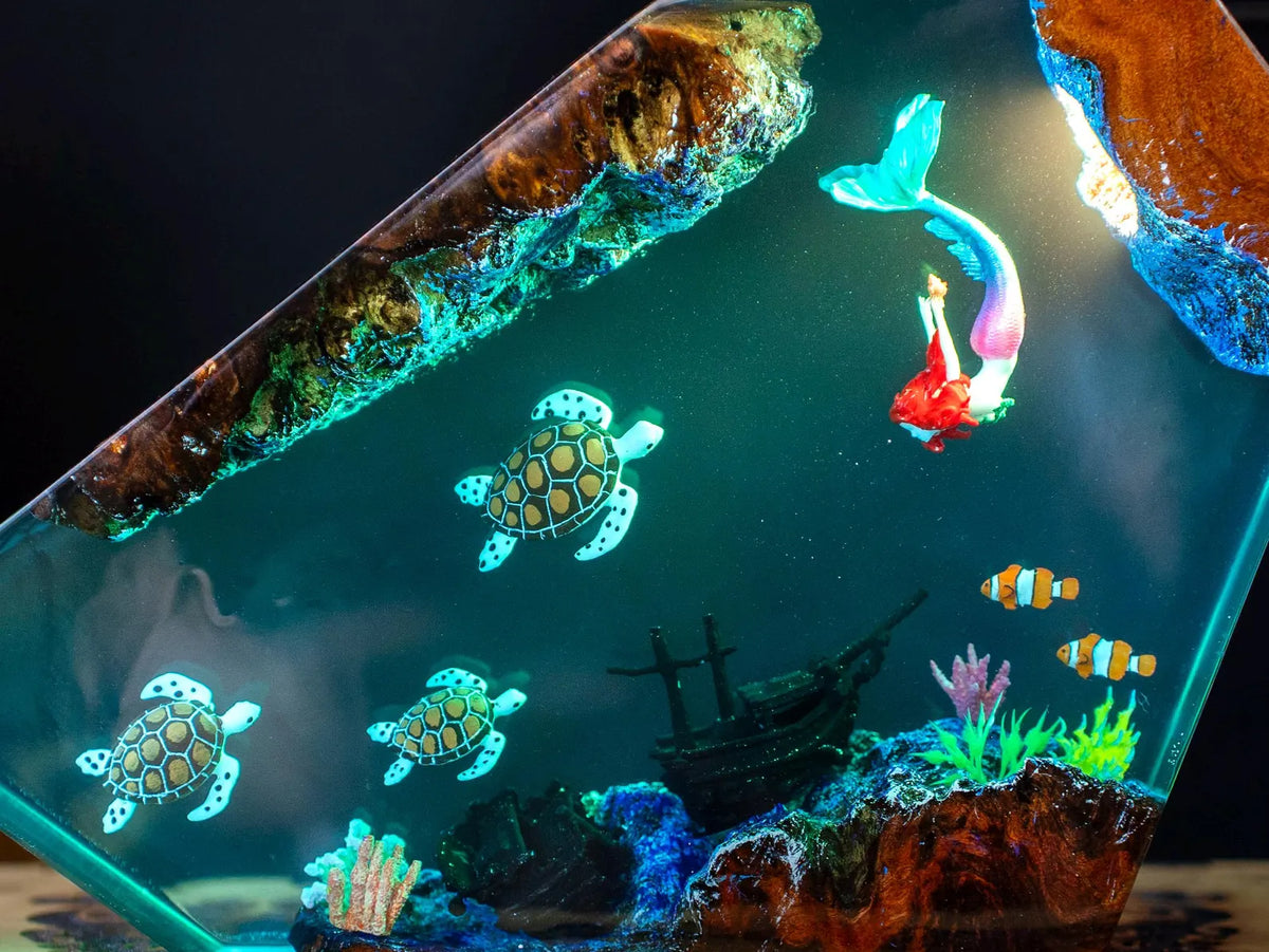 Turtle and Mermaid Resin Lamp, Handmade Underwater Fantasy Night Light, Coral Reef Decor
