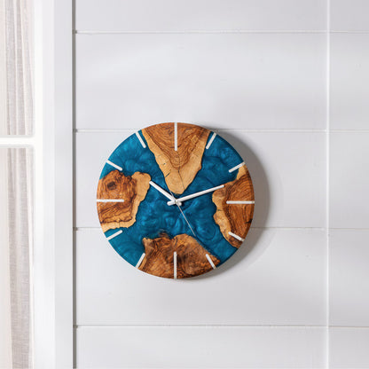 Handmade Epoxy Olive Wood Wall Clock, Unique Resin Art Large Rustic Home Decor