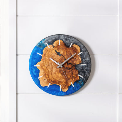 Handmade Epoxy Olive Wood Wall Clock, Unique Resin Art Large Rustic Home Decor