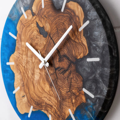 Large Olive Wood Epoxy Resin Wall Clock, Handmade Modern Minimalist Rustic Home Decor