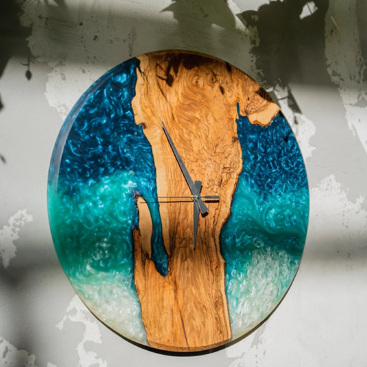 Handmade Epoxy Olive Wood Wall Clock, Custom Resin Art Clock, Rustic Modern Home Decor