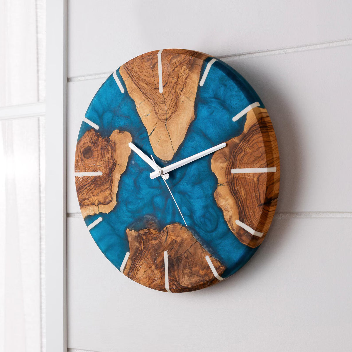 Large Olive Wood Epoxy Resin Wall Clock, Handmade Modern Minimalist Rustic Home Decor