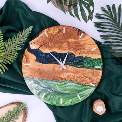 Handmade Epoxy Olive Wood Wall Clock, Unique Resin Art Large Rustic Home Decor
