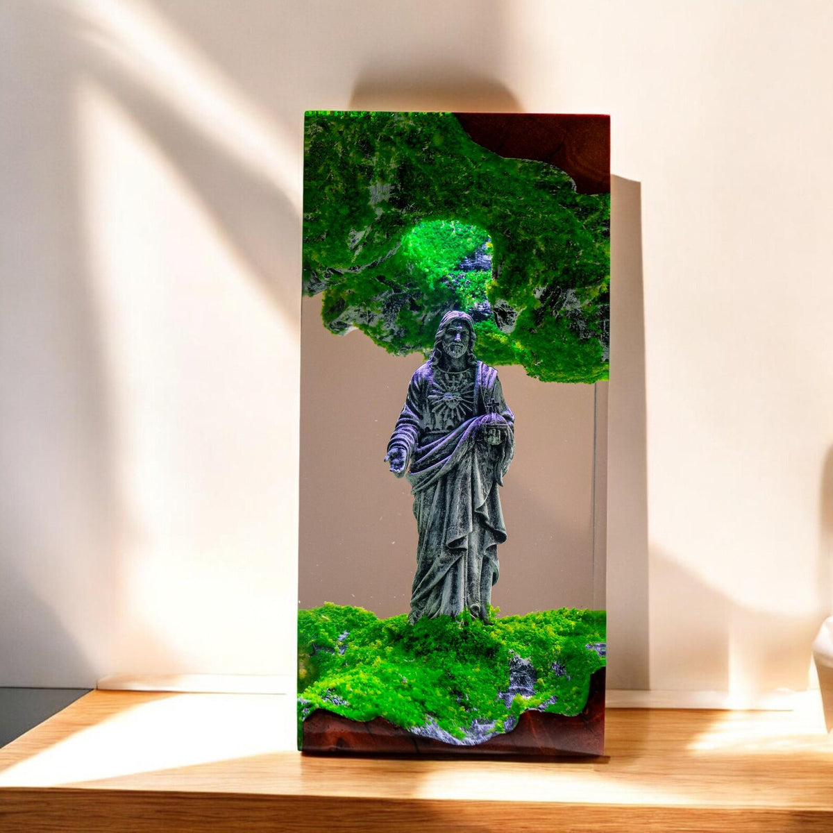 Jesus Epoxy Resin Wood Lamp, Handmade Religious Night Light, Custom Table Lamp, Christian Home Decor