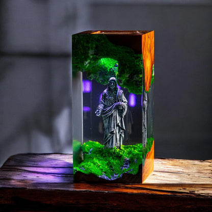 Jesus Epoxy Resin Wood Lamp, Handmade Religious Night Light, Custom Table Lamp, Christian Home Decor