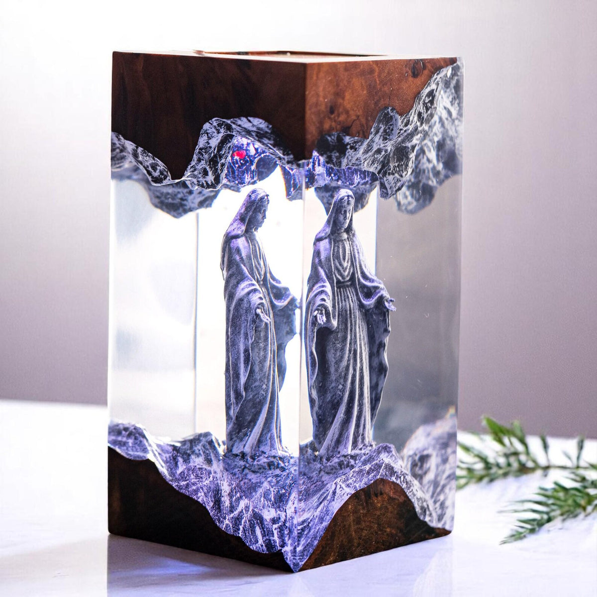 Virgin Mary Epoxy Resin Wood Lamp, Handmade Religious Night Light, Custom Table Lamp, Christian Home Decor