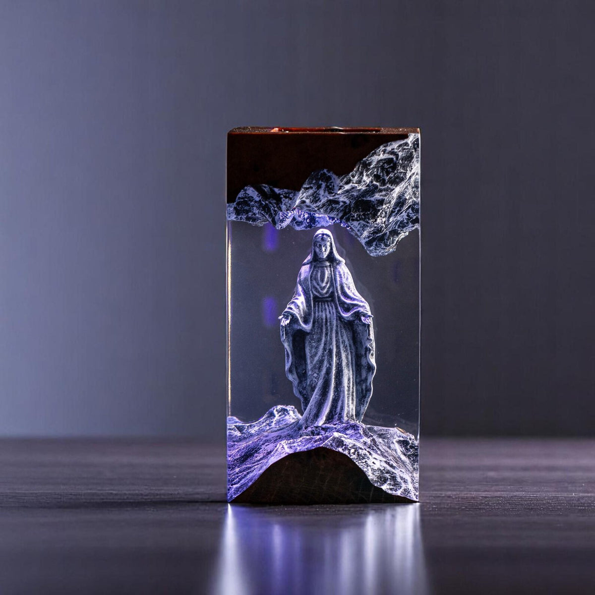 Virgin Mary Epoxy Resin Wood Lamp, Handmade Religious Night Light, Custom Table Lamp, Christian Home Decor