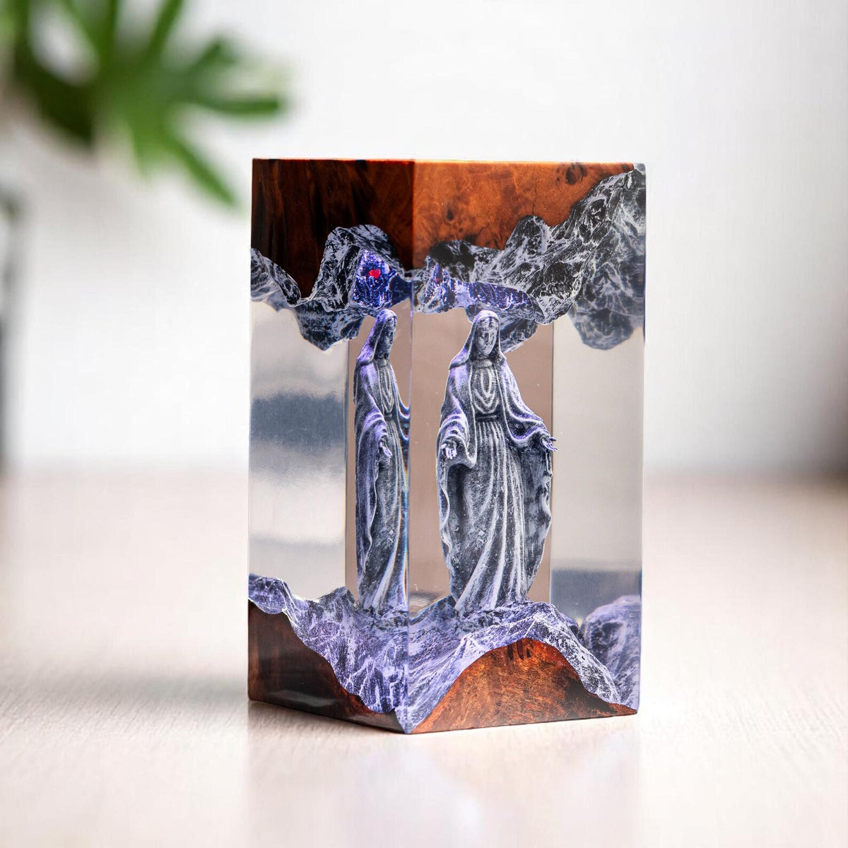 Virgin Mary Epoxy Resin Wood Lamp, Handmade Religious Night Light, Custom Table Lamp, Christian Home Decor