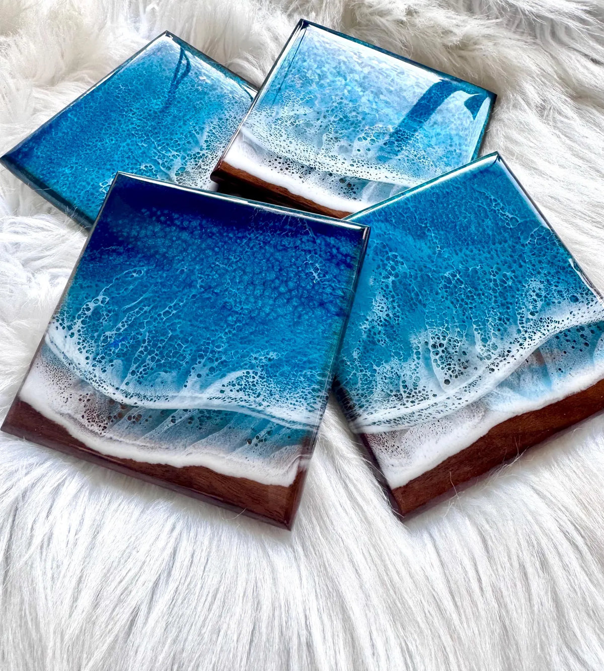 Walnut Ocean Coaster Set, Handmade Resin Beach Coasters, Wood Coastal Home Decor, Set of Four