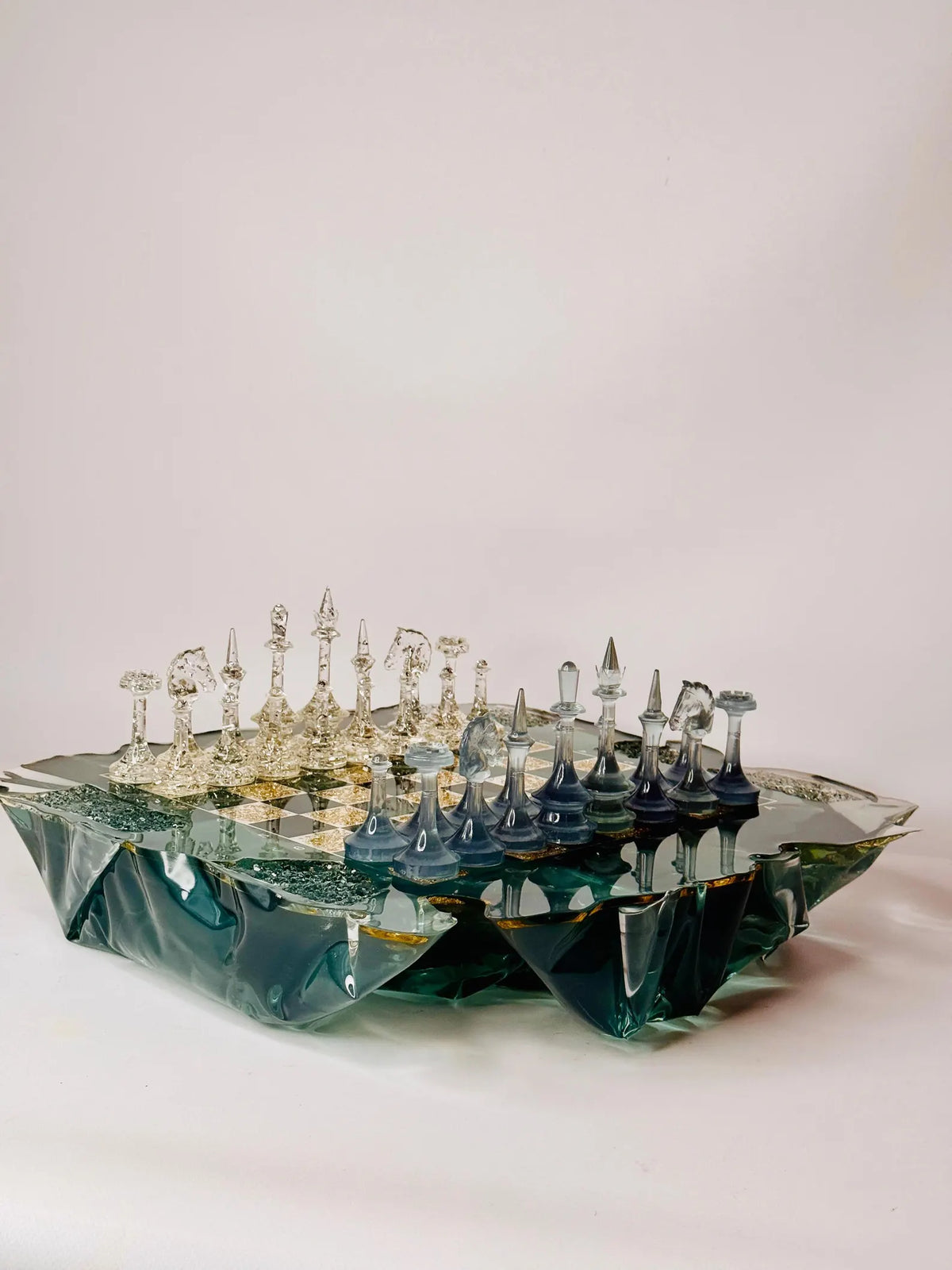 Handmade Iceberg Resin Chess Set with Elegant Silver Accents and Artistic Crystal Chess Pieces
