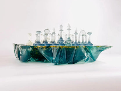 Handmade Iceberg Resin Chess Set with Elegant Silver Accents and Artistic Crystal Chess Pieces