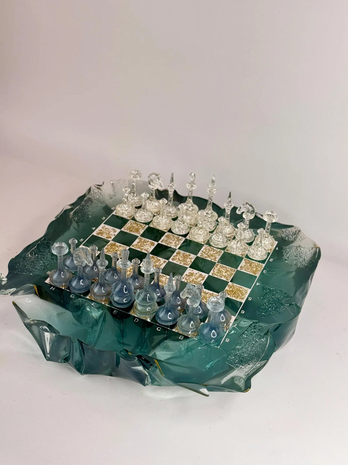 Handmade Iceberg Resin Chess Set with Elegant Silver Accents and Artistic Crystal Chess Pieces