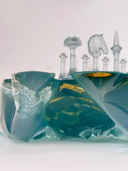 Handmade Iceberg Resin Chess Set with Elegant Silver Accents and Artistic Crystal Chess Pieces