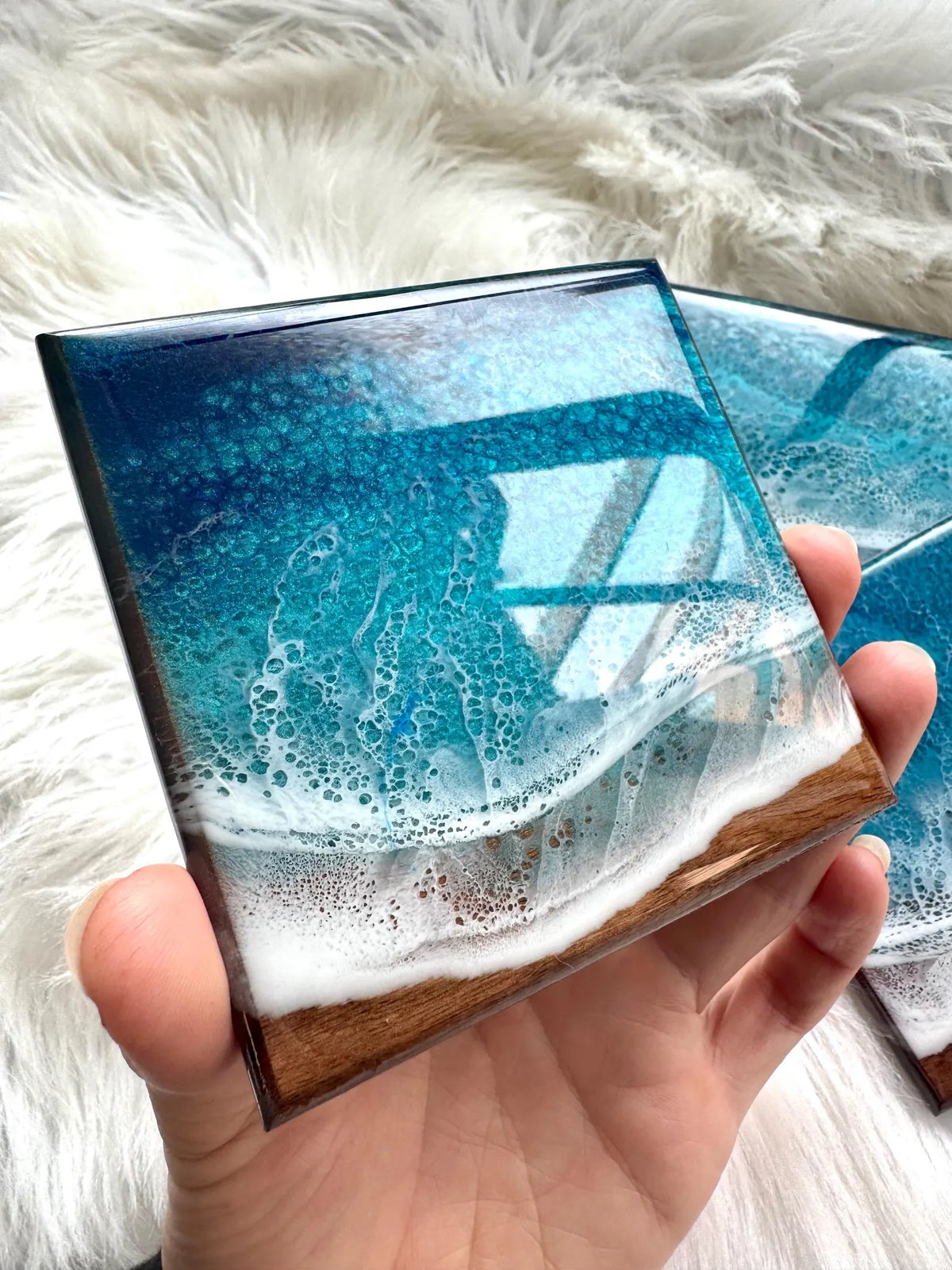Walnut Ocean Coaster Set, Handmade Resin Beach Coasters, Wood Coastal Home Decor, Set of Four