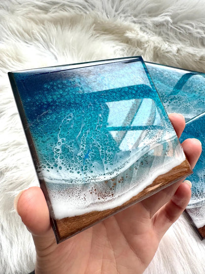 Walnut Ocean Coaster Set, Handmade Resin Beach Coasters, Wood Coastal Home Decor, Set of Four