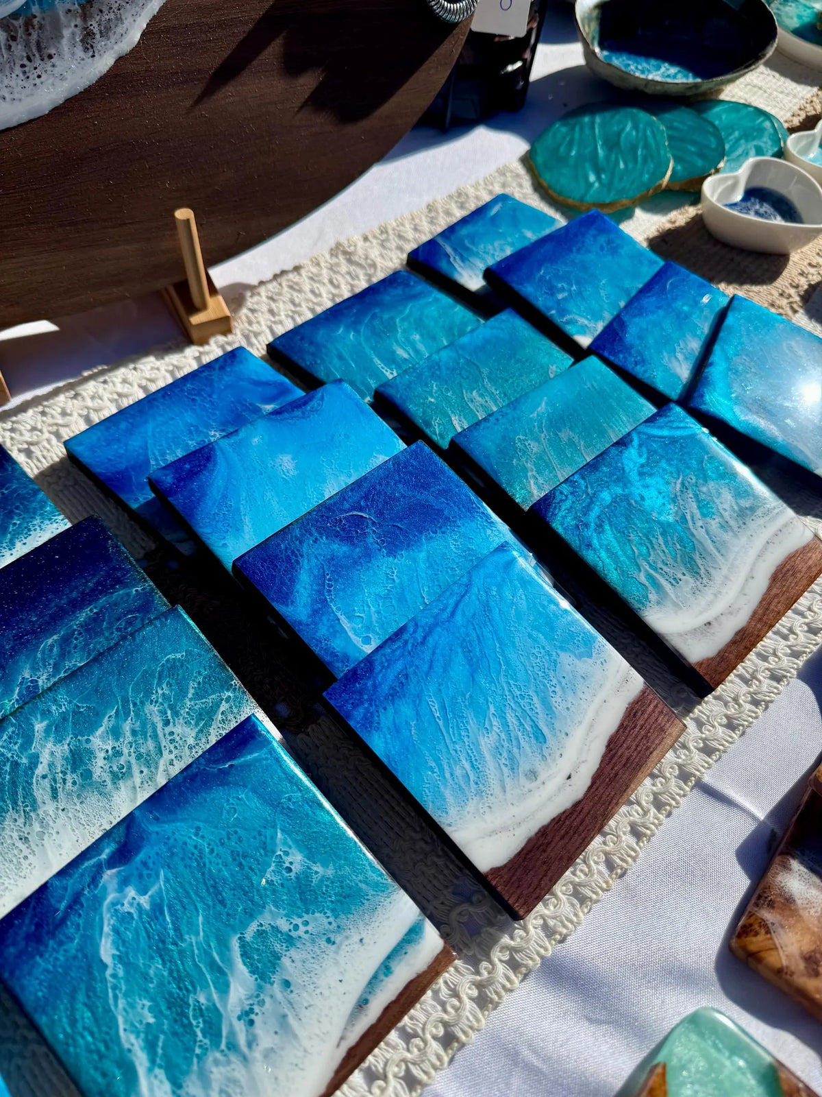 Walnut Ocean Coaster Set, Handmade Resin Beach Coasters, Wood Coastal Home Decor, Set of Four