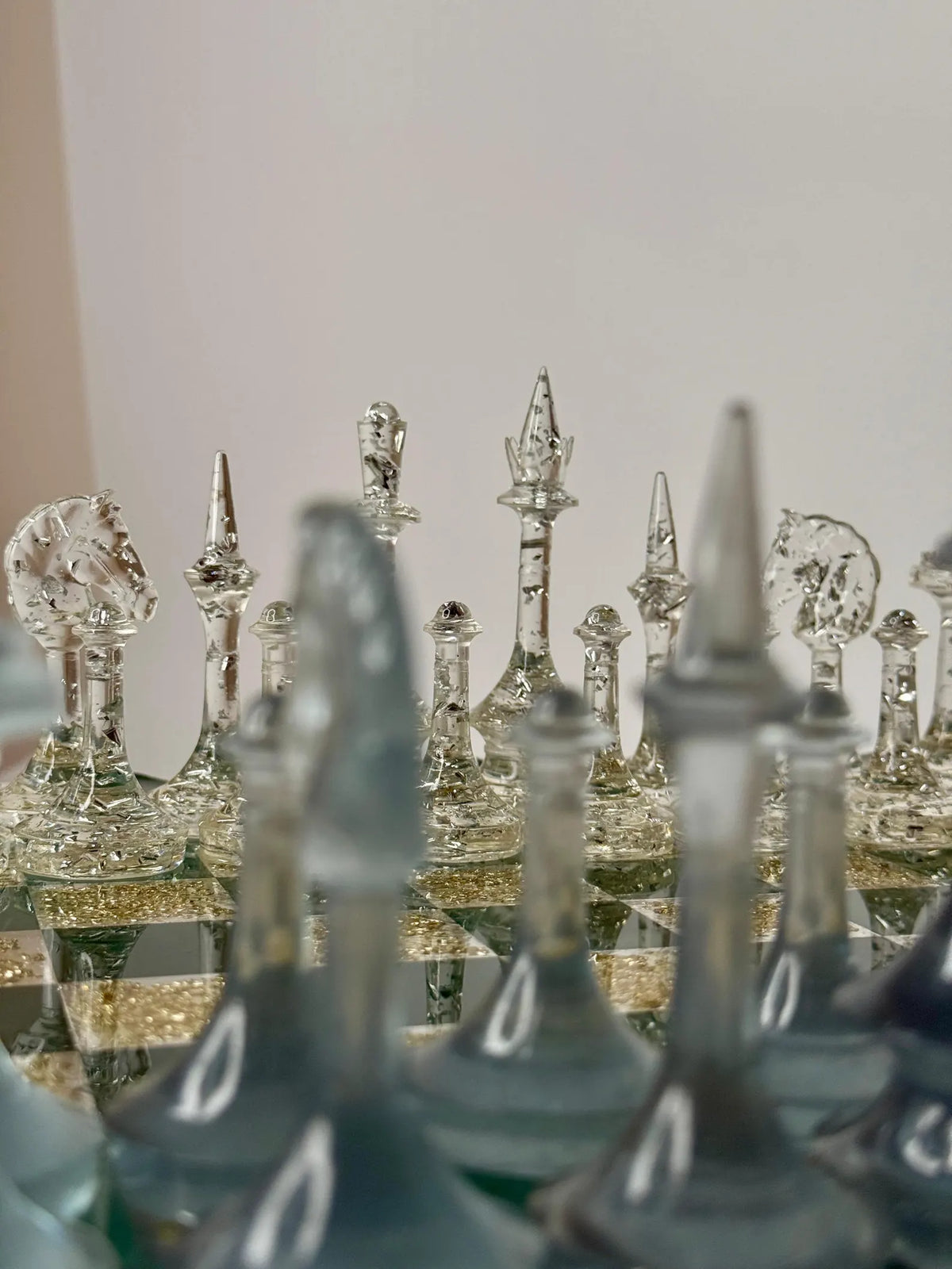 Handmade Iceberg Resin Chess Set with Elegant Silver Accents and Artistic Crystal Chess Pieces