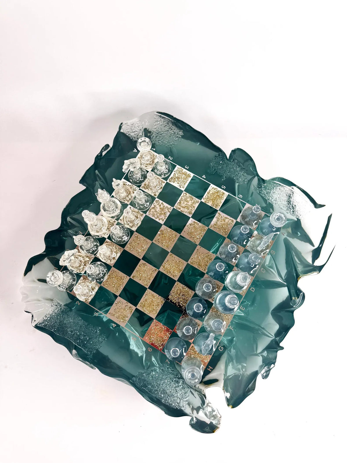 Handmade Iceberg Resin Chess Set with Elegant Silver Accents and Artistic Crystal Chess Pieces