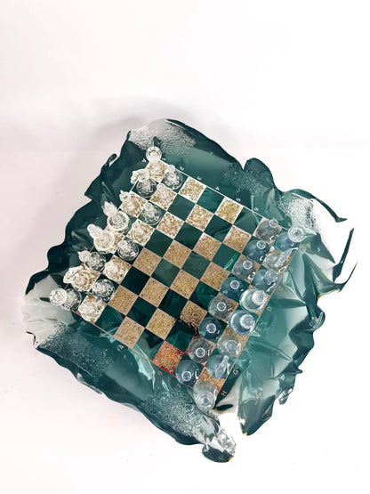 Handmade Iceberg Resin Chess Set with Elegant Silver Accents and Artistic Crystal Chess Pieces