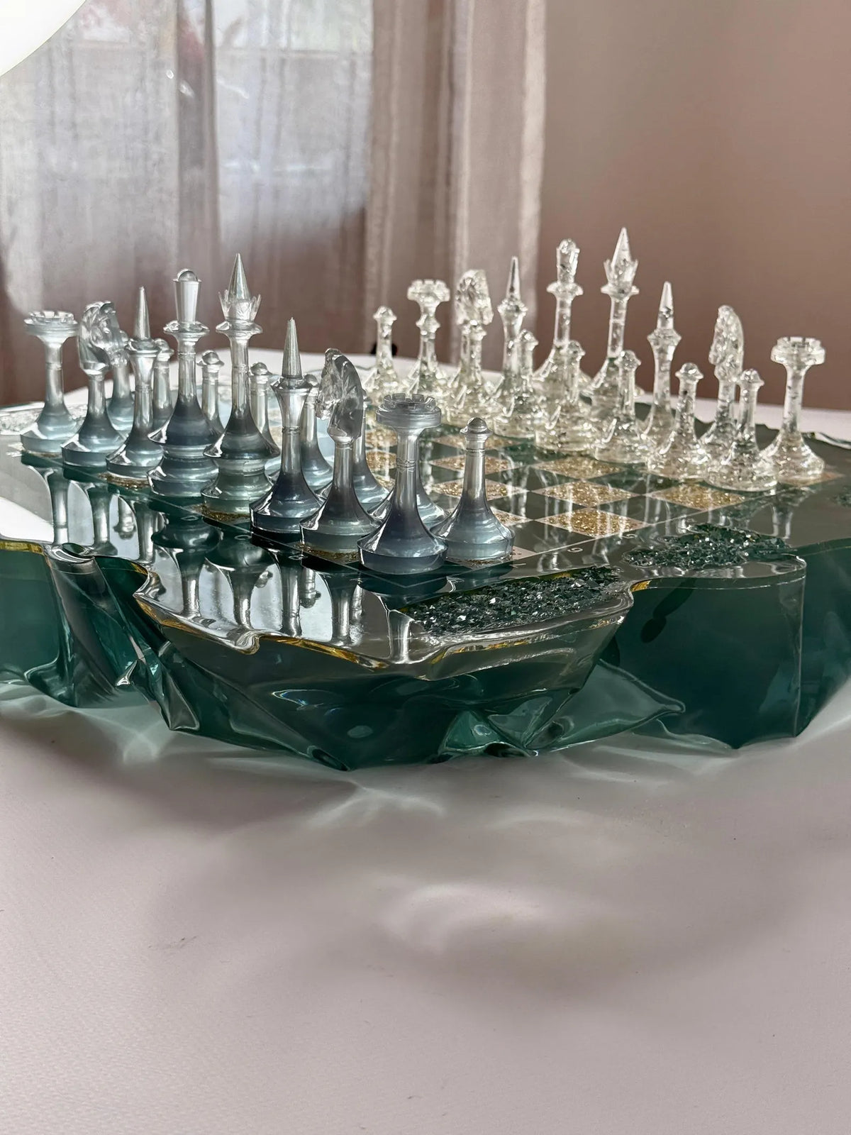 Handmade Iceberg Resin Chess Set with Elegant Silver Accents and Artistic Crystal Chess Pieces