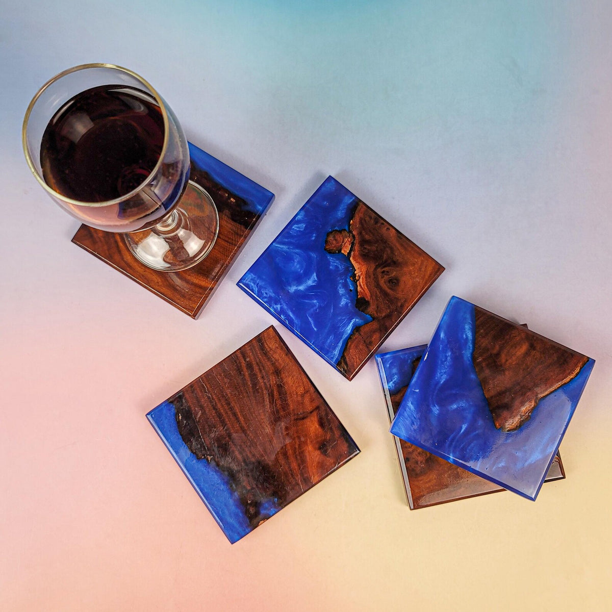 Handmade Ocean Blue Resin Coasters, Walnut Wood Coastal Decor, Unique Nautical Gift for Ocean Lovers
