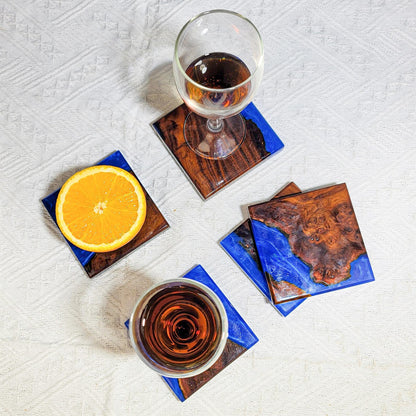 Handmade Ocean Blue Resin Coasters, Walnut Wood Coastal Decor, Unique Nautical Gift for Ocean Lovers