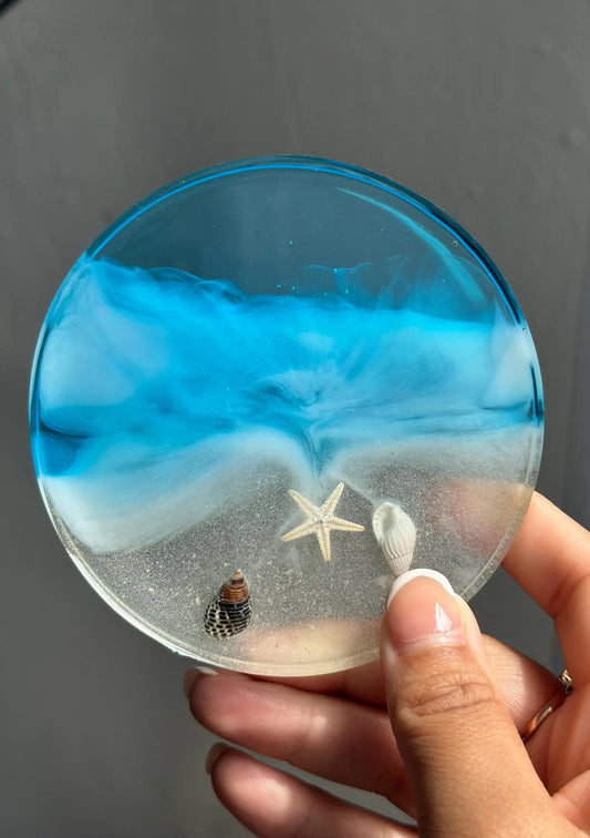Ocean Resin Coaster, Square Round Seashell Design, Handmade Coastal Table Decor, Beach Inspired Home