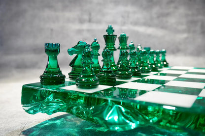 Handmade Dark Green Resin Chess Set – Personalized Luxury Board Game Gift