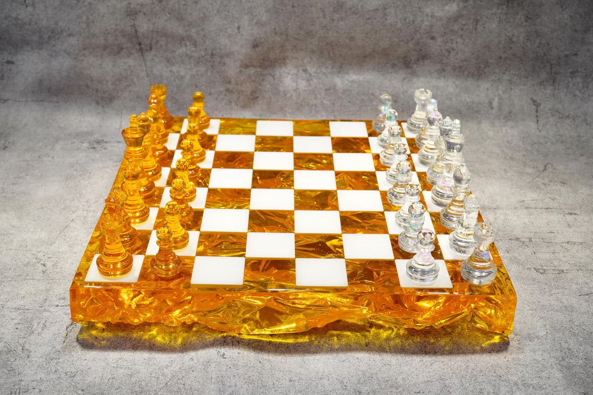 Golden Crystal Resin Chess Set Handmade Luxury Modern Chess Board Decorative Art Design