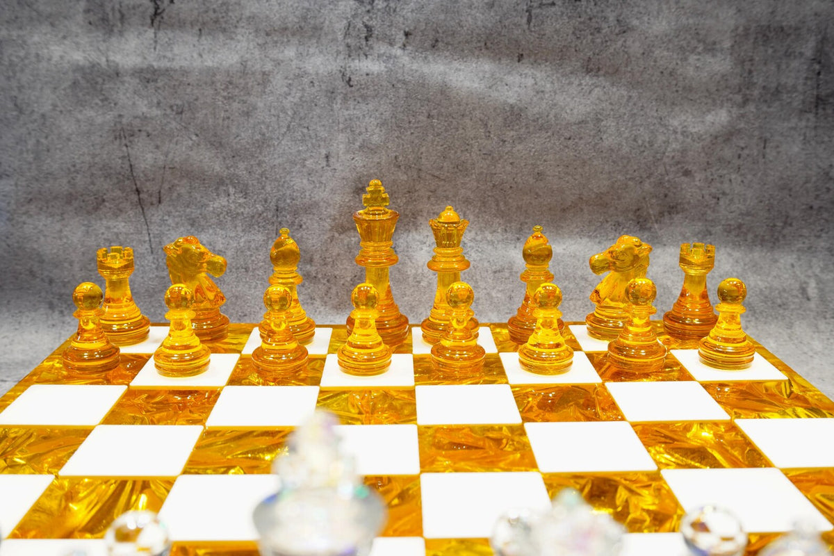 Golden Crystal Resin Chess Set Handmade Luxury Modern Chess Board Decorative Art Design